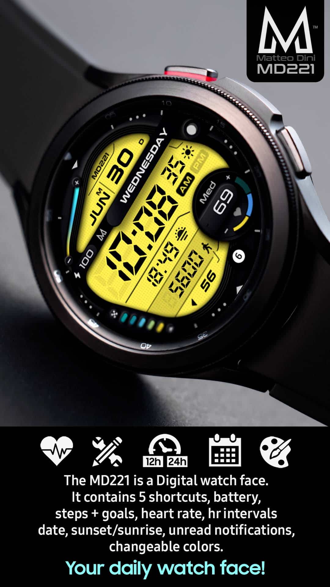 MD221 Modern Mix Retro Digital Watch Face Matteo Dini MD Wear OS Tizen