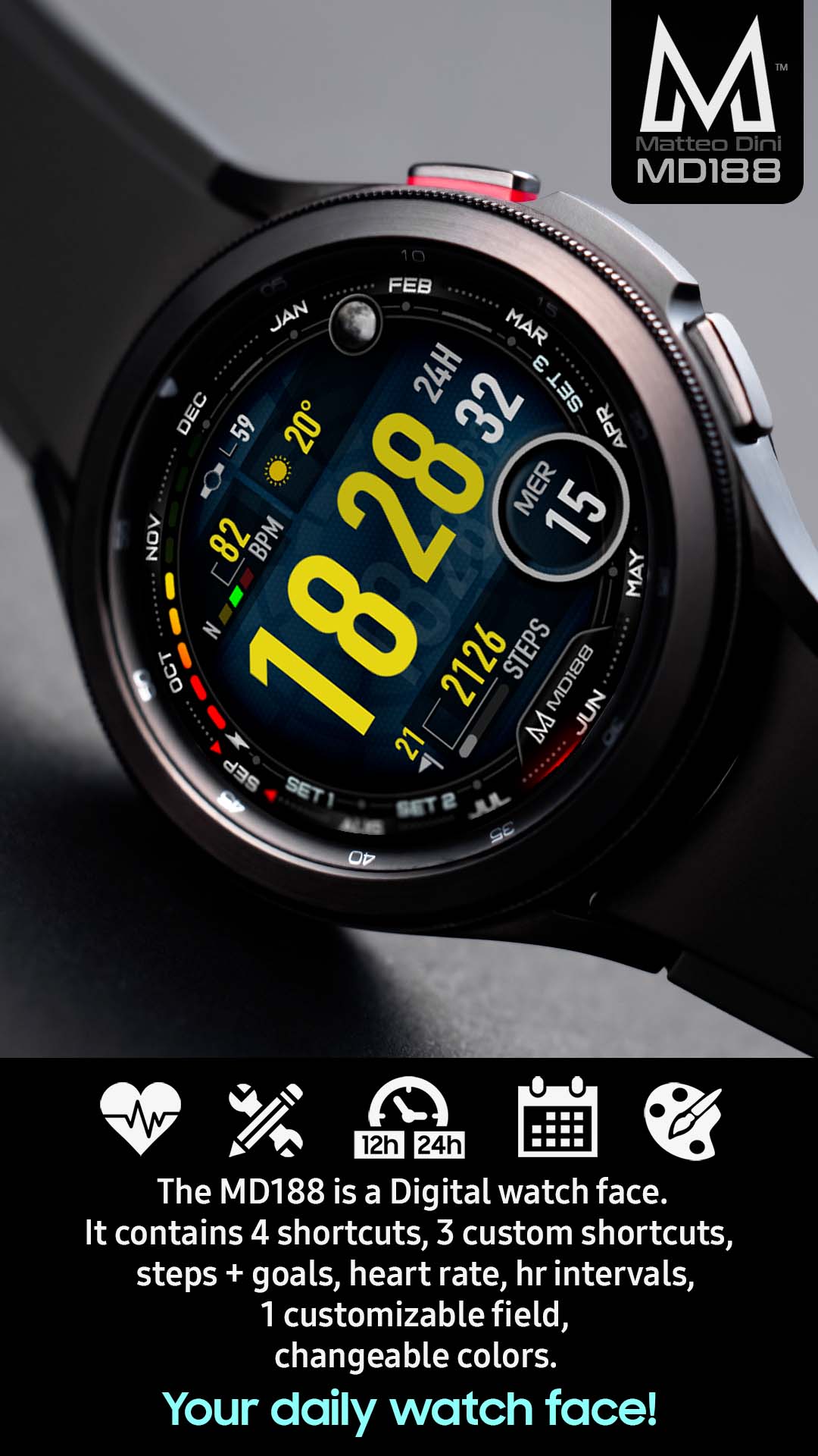MD188 - Premium Digital Watch Face - Matteo Dini MD Wear OS Tizen MD188 - Premium Digital Watch Face - Matteo Dini MD Wear OS Tizen