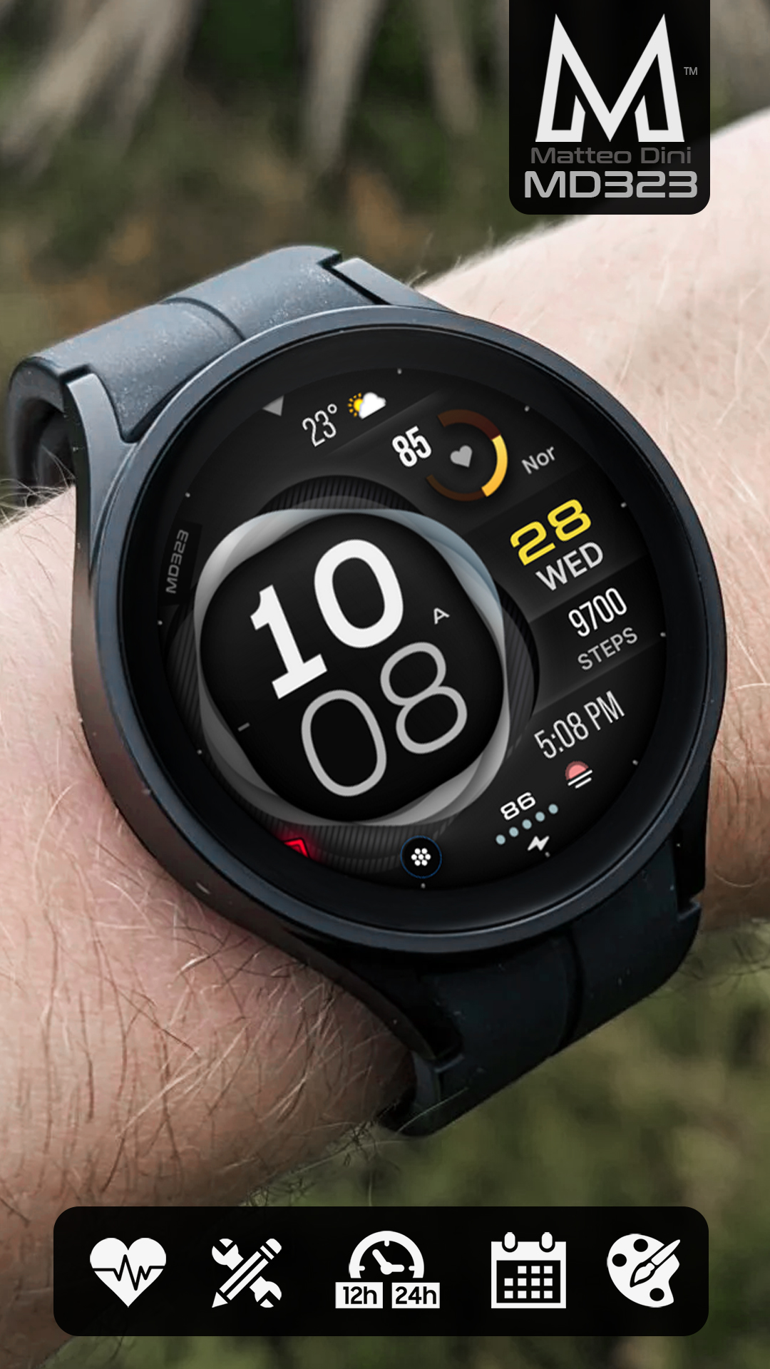 MD323 Modern Digital Watch Face Matteo Dini MD Wear OS Tizen