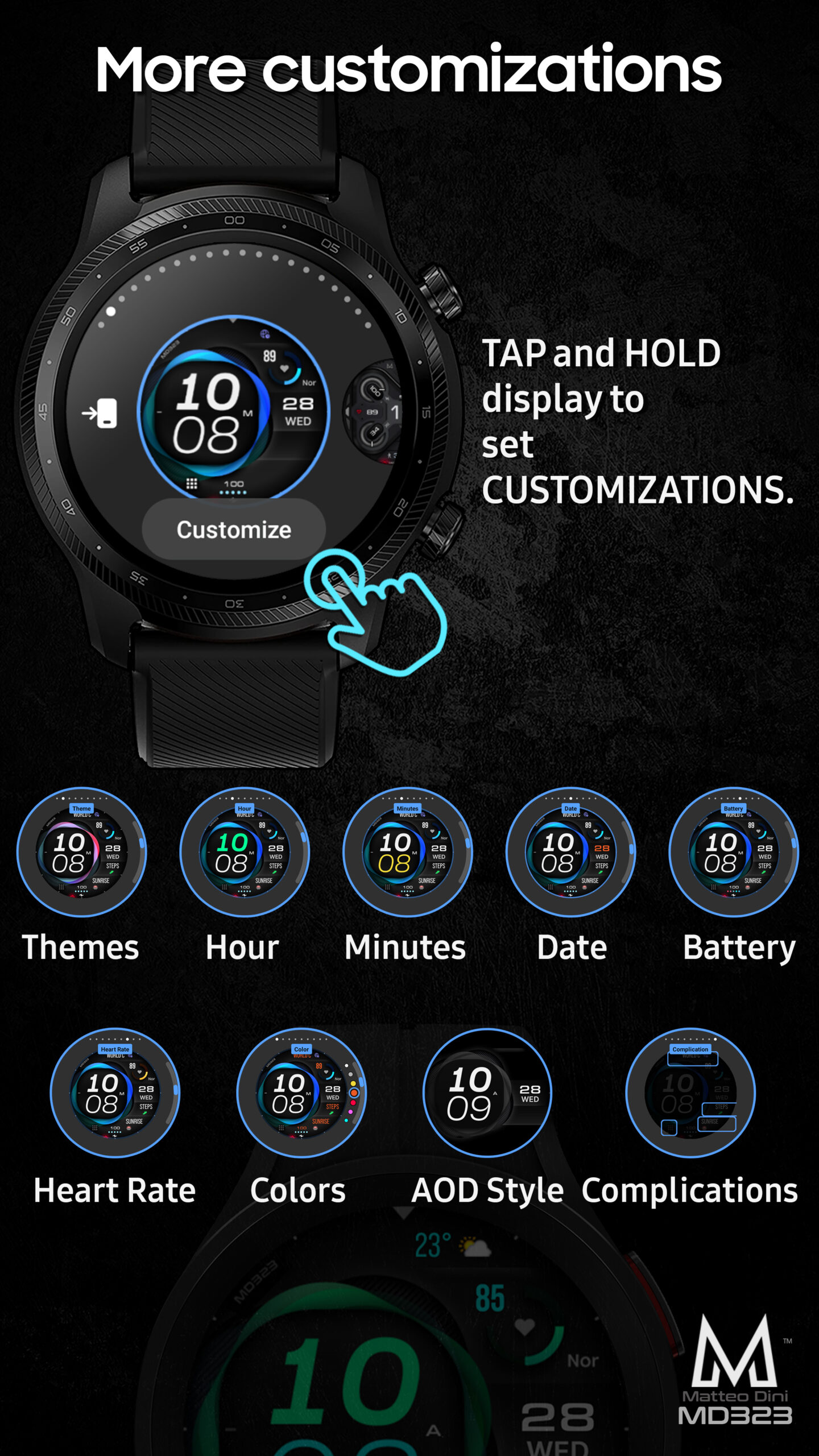 MD323 Modern Digital Watch Face Matteo Dini MD Wear OS Tizen