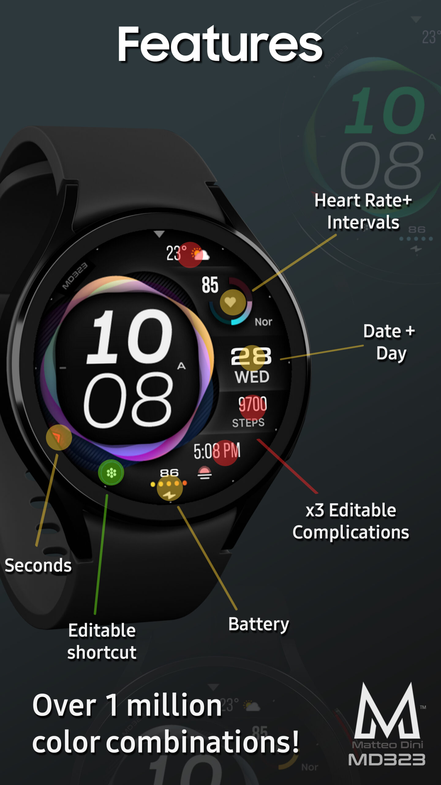 MD323 Modern Digital Watch Face Matteo Dini MD Wear OS Tizen