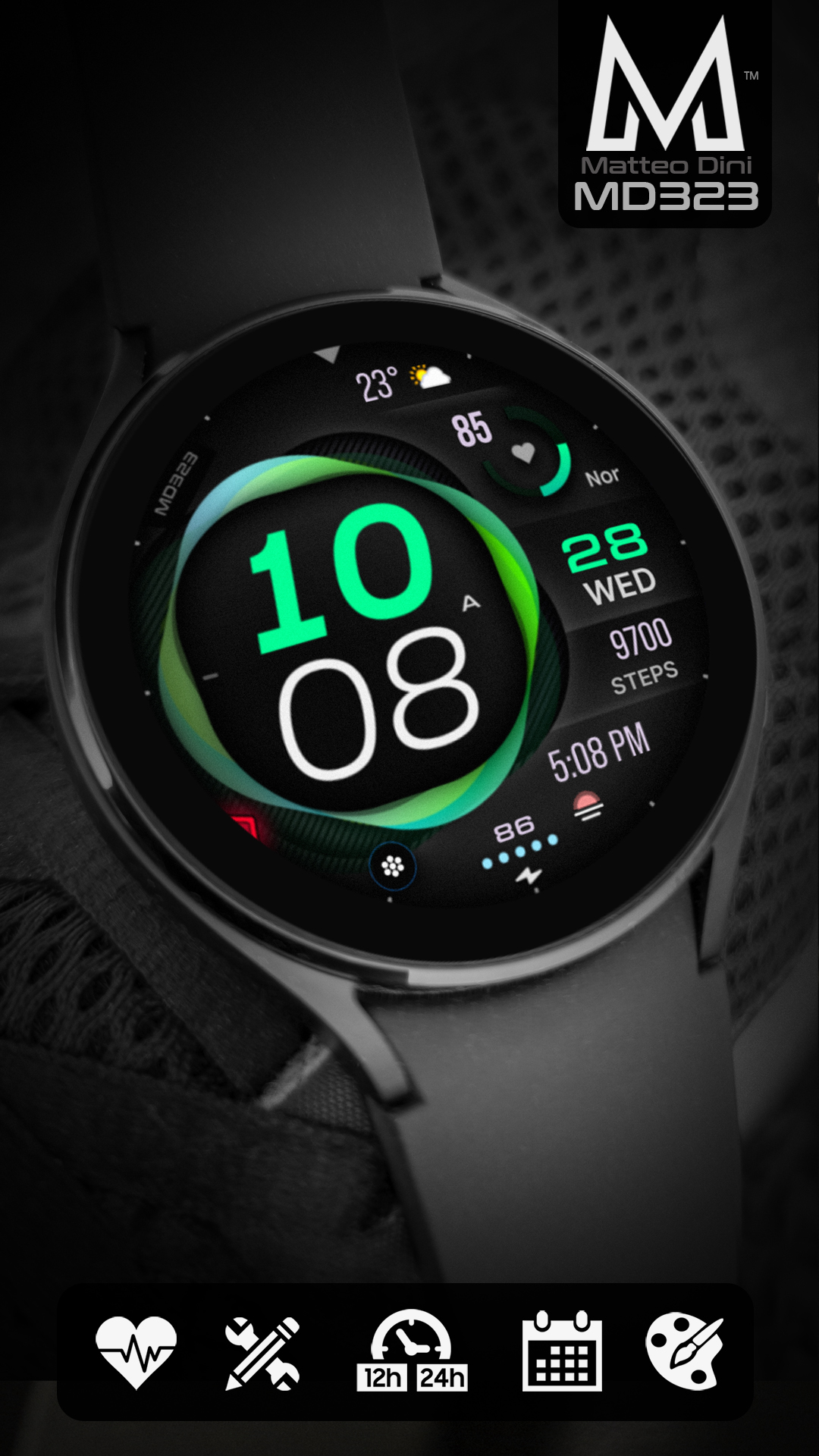 MD323 Modern Digital Watch Face Matteo Dini MD Wear OS Tizen
